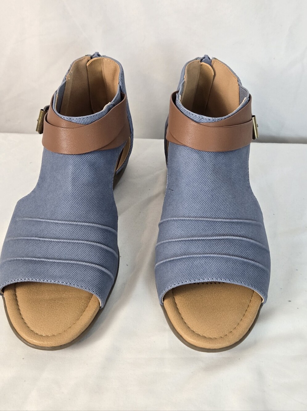 Blue Canvas Open-Toe Ankle Sandals with Tan Strap